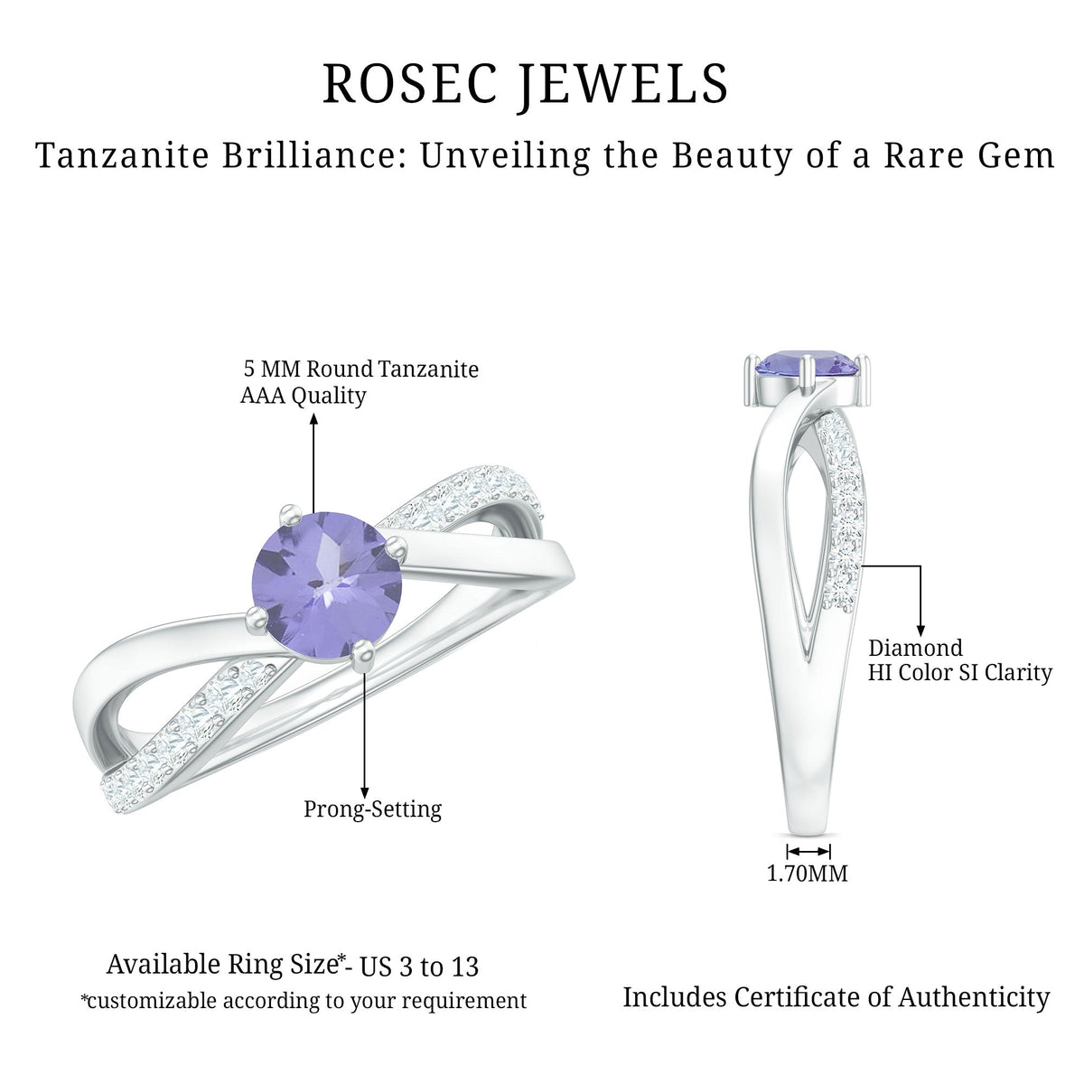 Certified Tanzanite infinity proposal ring with diamonds from Rosec Jewels, featuring a stunning tanzanite centerpiece and sparkling accents.