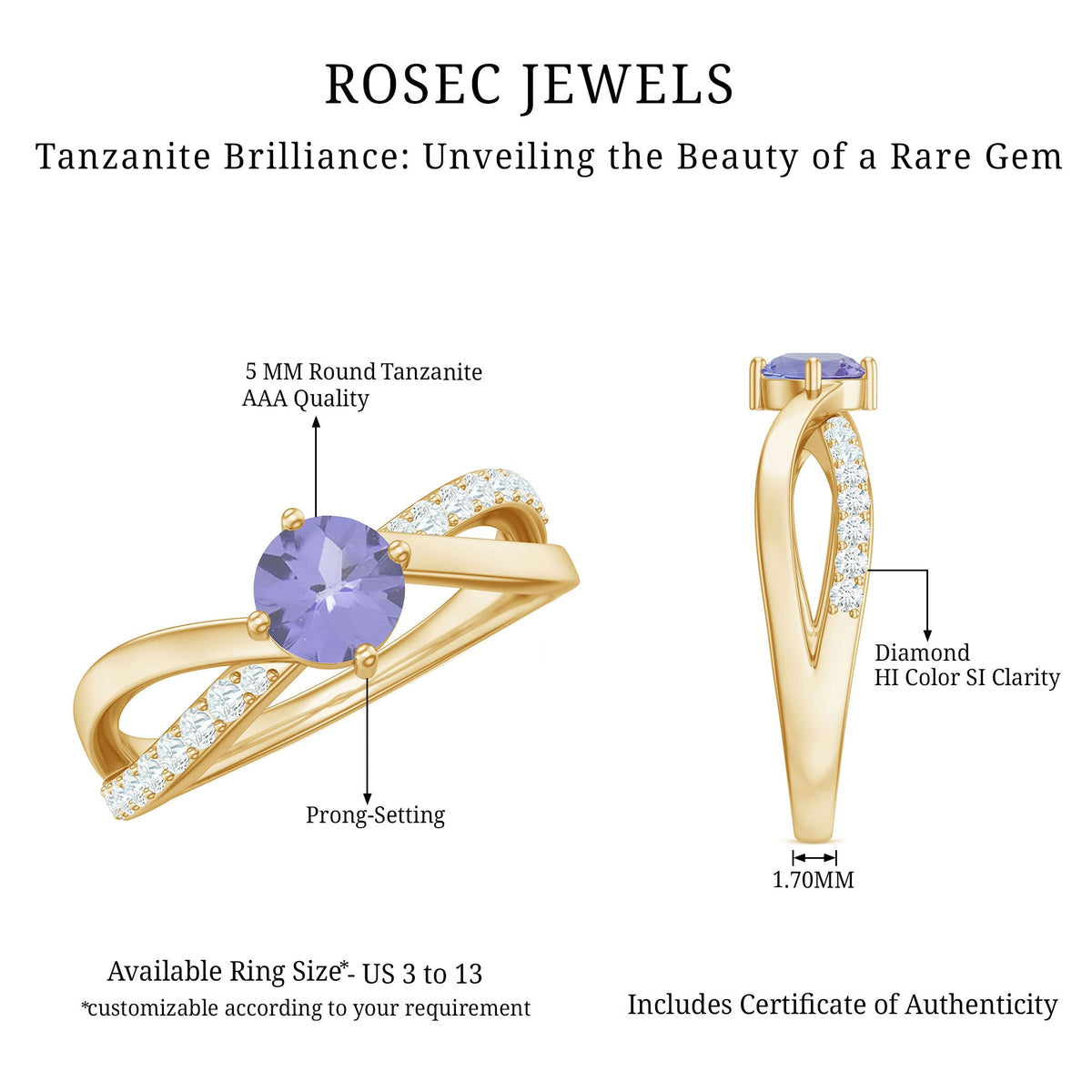 Certified Tanzanite infinity proposal ring with diamond accents from Rosec Jewels, showcasing a sparkling tanzanite centerpiece and elegant design.