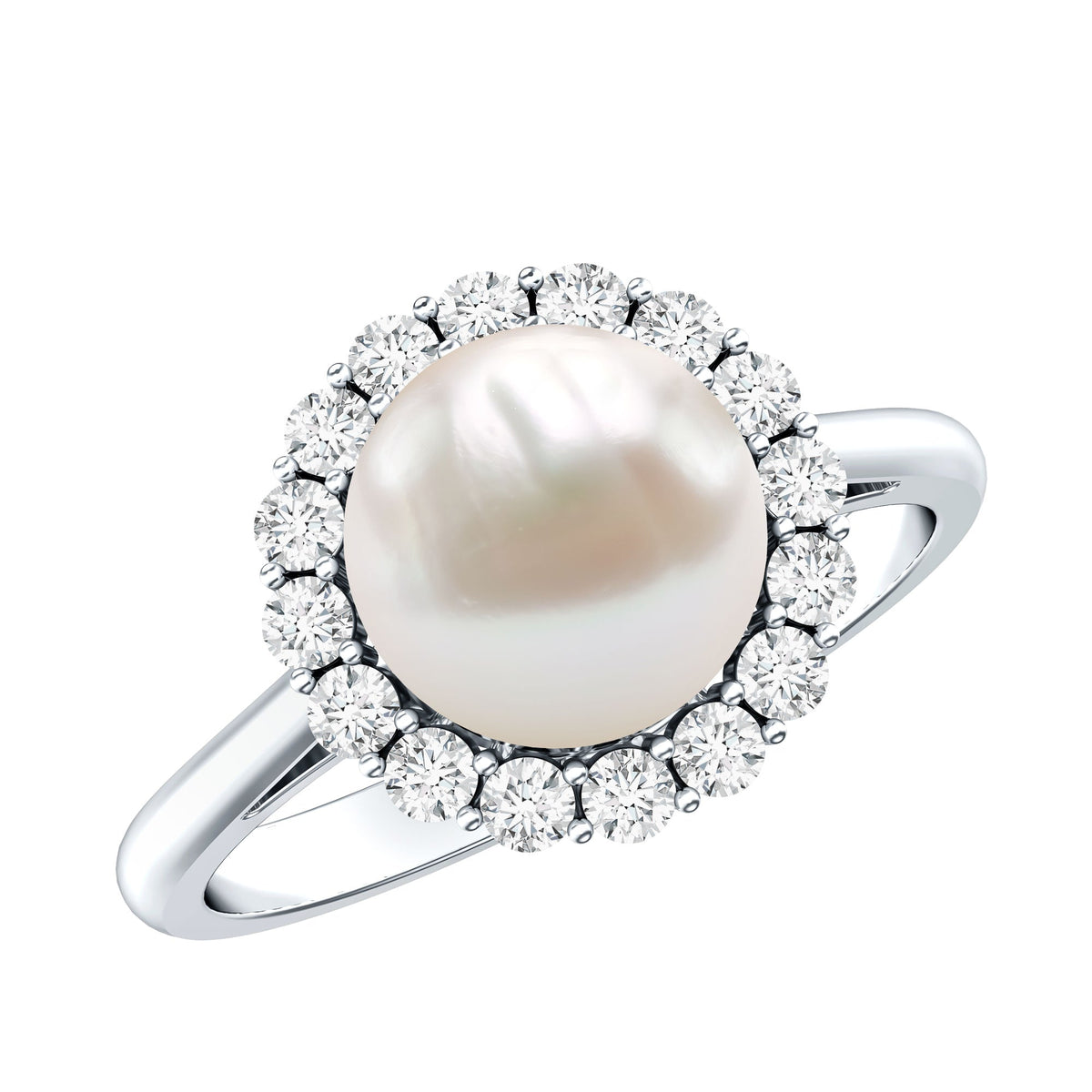 Freshwater pearl engagement ring with diamond halo by Rosec Jewels, showcasing a 7.4-carat pearl and sparkling diamond accents.