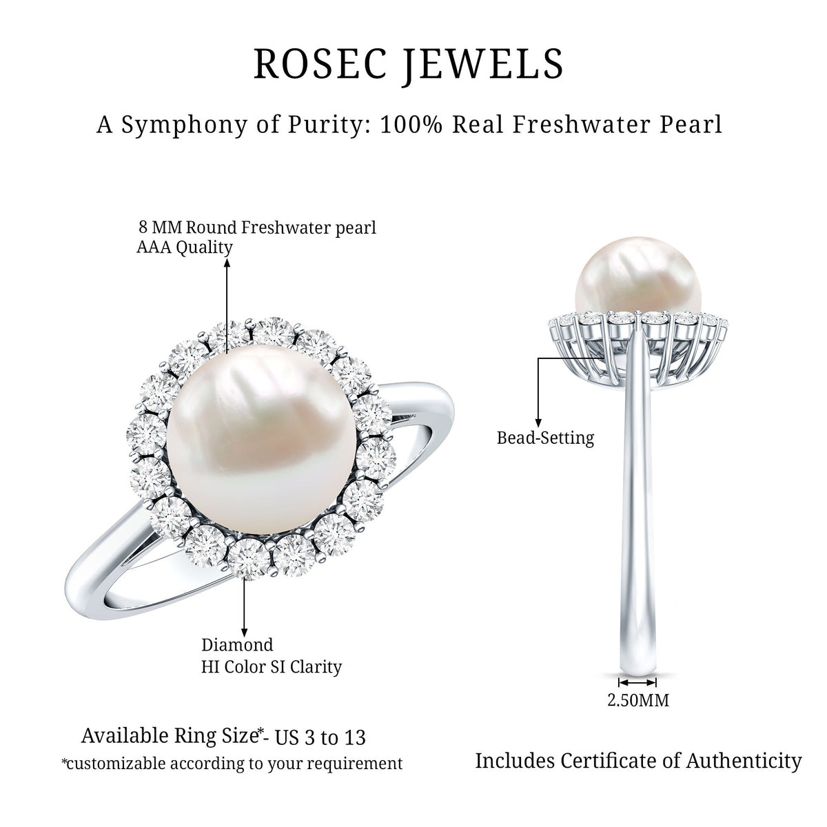 Rosec Jewels 7.4 Carat freshwater pearl engagement ring with diamond halo, showcasing elegant ring design and sparkling accents.