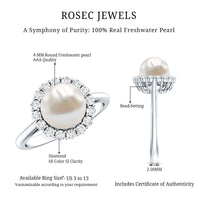 Rosec Jewels 7.4 Carat freshwater pearl engagement ring with diamond halo, showcasing elegant ring design and sparkling accents.