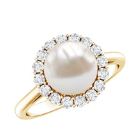 Elegant Rosec Jewels 7.4-carat freshwater pearl engagement ring with diamond halo and intricate band detail.
