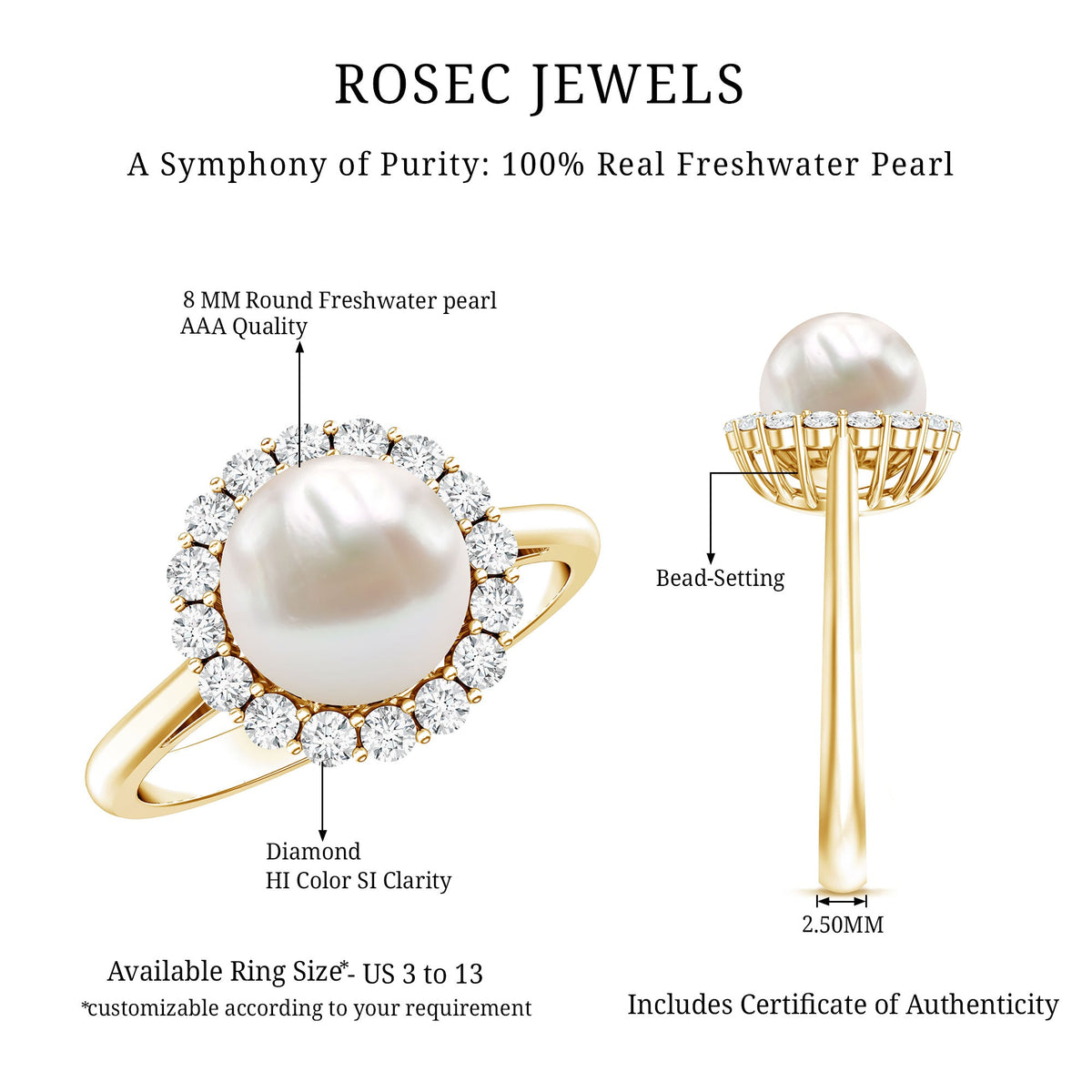 Rosec Jewels 7.4 carat freshwater pearl engagement ring with diamond halo, featuring a elegant silver band and intricate design.