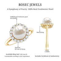 Rosec Jewels 7.4 carat freshwater pearl engagement ring with diamond halo, featuring a elegant silver band and intricate design.