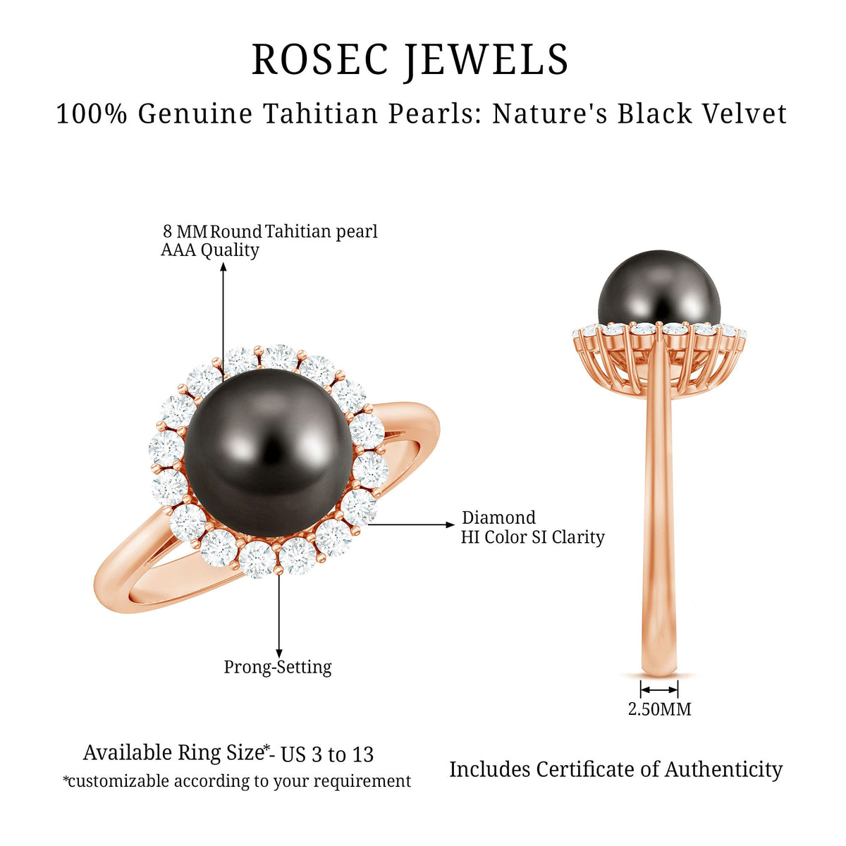 Natural Tahitian pearl and diamond halo engagement ring featuring a central pearl surrounded by sparkling diamonds, crafted by Rosec Jewels.