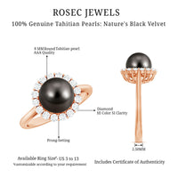 Natural Tahitian pearl and diamond halo engagement ring featuring a central pearl surrounded by sparkling diamonds, crafted by Rosec Jewels.