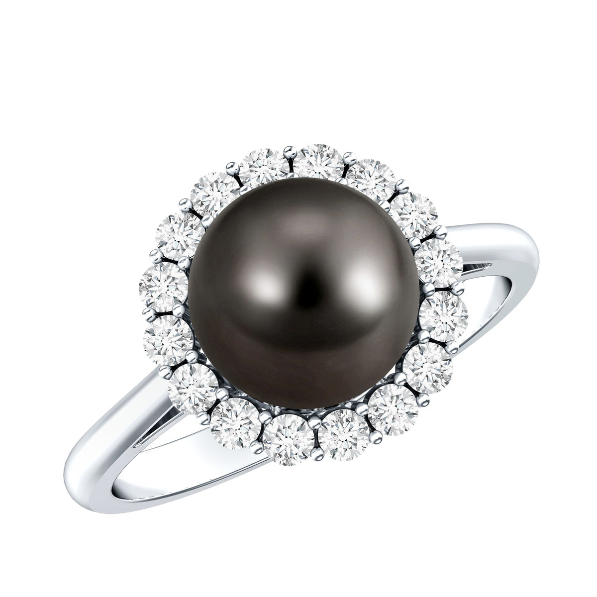Natural Tahitian pearl and diamond halo engagement ring by Rosec Jewels featuring a central pearl surrounded by sparkling diamonds.