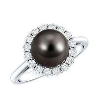 Natural Tahitian pearl and diamond halo engagement ring by Rosec Jewels featuring a central pearl surrounded by sparkling diamonds.