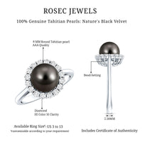 Natural Tahitian pearl and diamond halo engagement ring by Rosec Jewels featuring a lustrous pearl surrounded by sparkling diamonds.