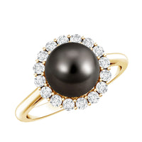 Natural Tahitian pearl and diamond halo engagement ring by Rosec Jewels featuring a central pearl surrounded by sparkling diamonds.