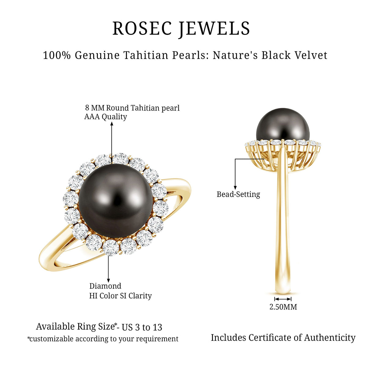Natural Tahitian pearl and diamond halo engagement ring by Rosec Jewels, featuring a central pearl surrounded by sparkling diamonds.