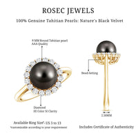 Natural Tahitian pearl and diamond halo engagement ring by Rosec Jewels, featuring a central pearl surrounded by sparkling diamonds.