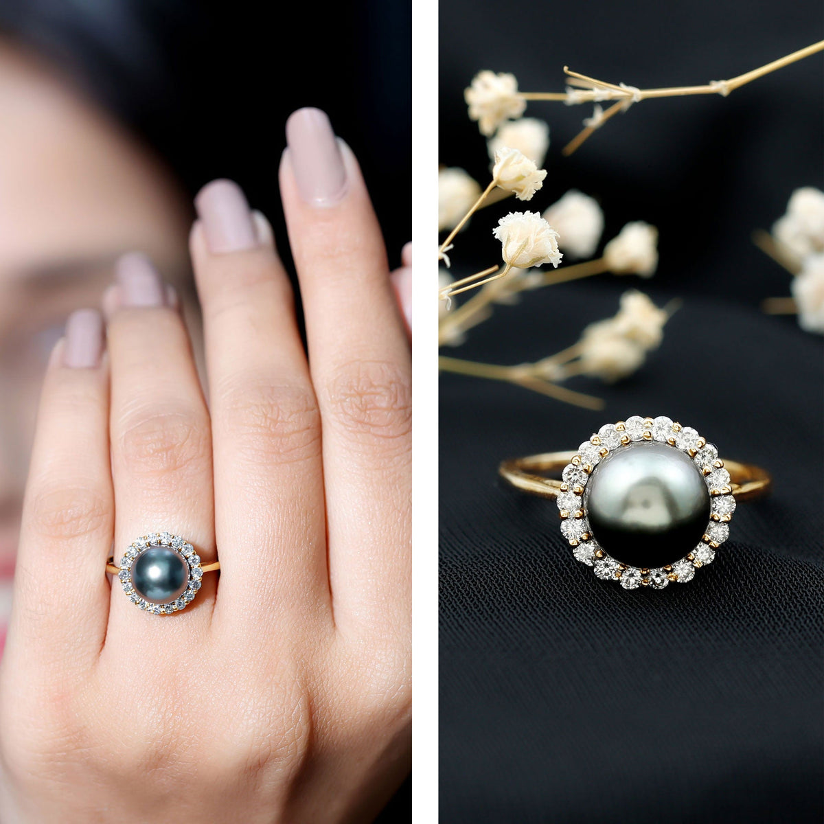 Natural Tahitian Pearl and Diamond Halo engagement ring from Rosec Jewels featuring a lustrous pearl surrounded by sparkling diamonds