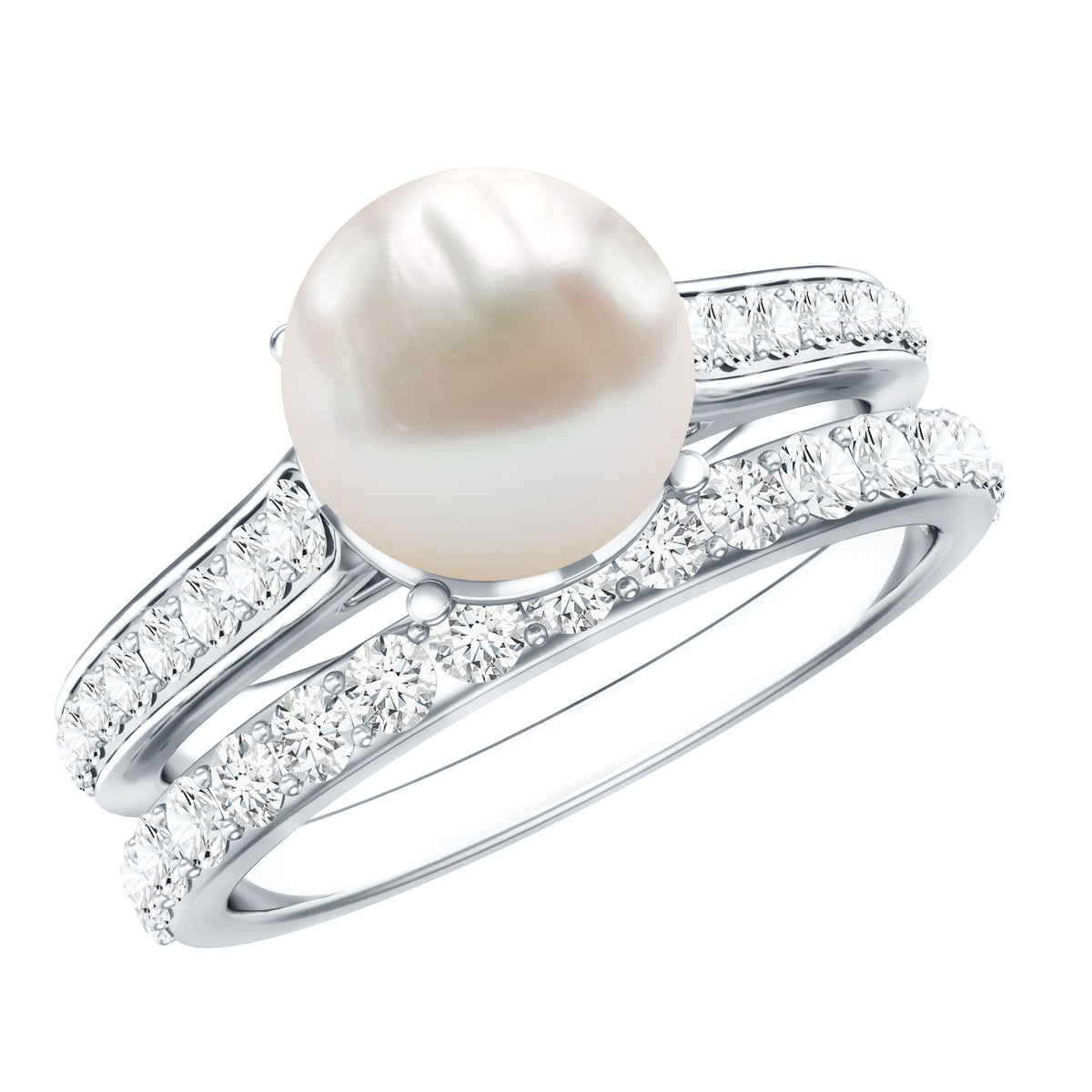 Elegant white pearl and moissanite wedding bridal ring set by Rosec Jewels, featuring intricate design and sparkling gemstones.