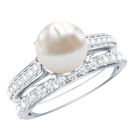 Elegant white pearl and moissanite wedding bridal ring set by Rosec Jewels, featuring intricate design and sparkling gemstones.