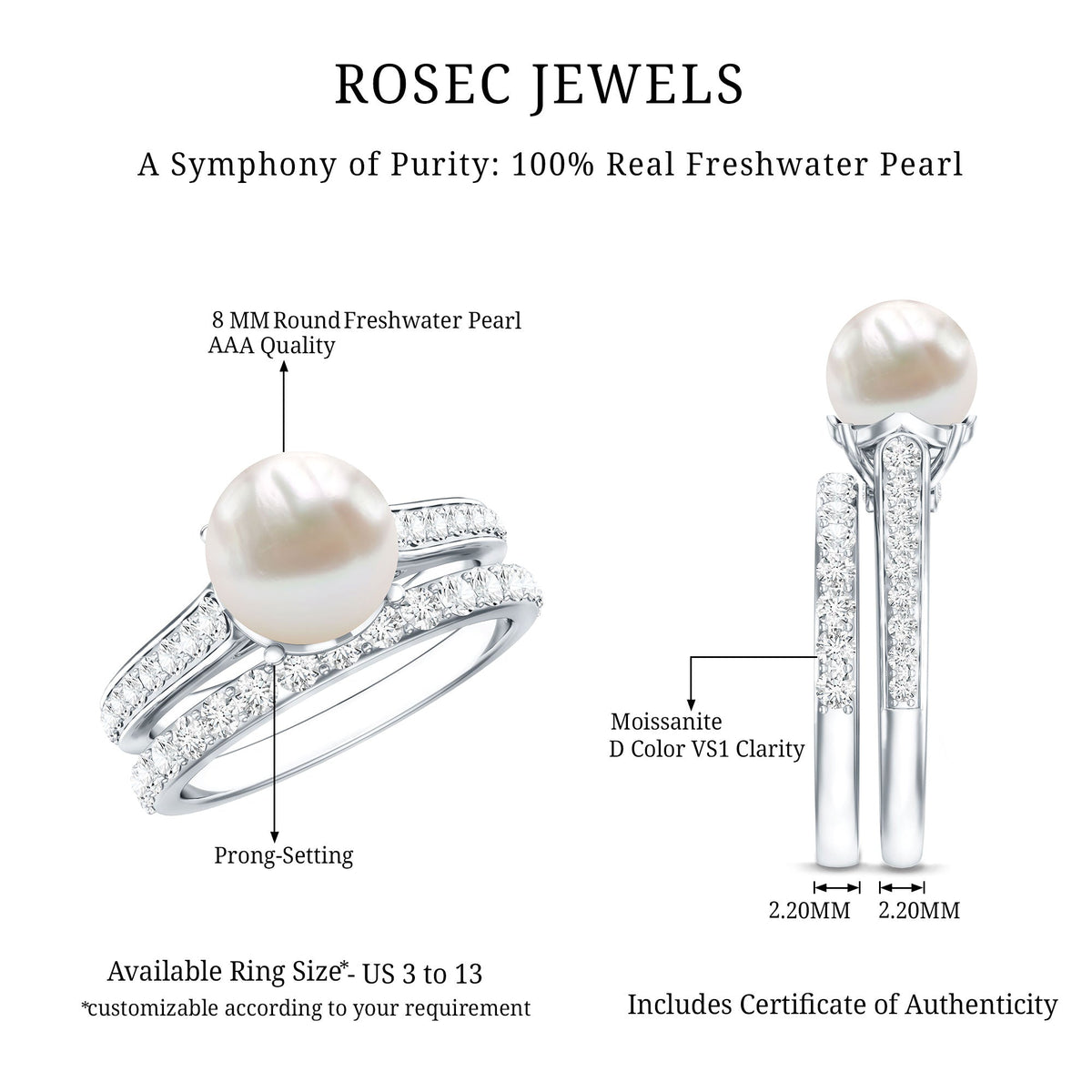 Rosec Jewels natural white pearl and moissanite wedding bridal ring set featuring elegant rings with intricate detailing.