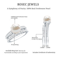 Rosec Jewels natural white pearl and moissanite wedding bridal ring set featuring elegant rings with intricate detailing.