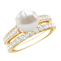 Natural white pearl wedding bridal ring set with moissanite from Rosec Jewels, featuring elegant rings with pearl and gemstone accents.