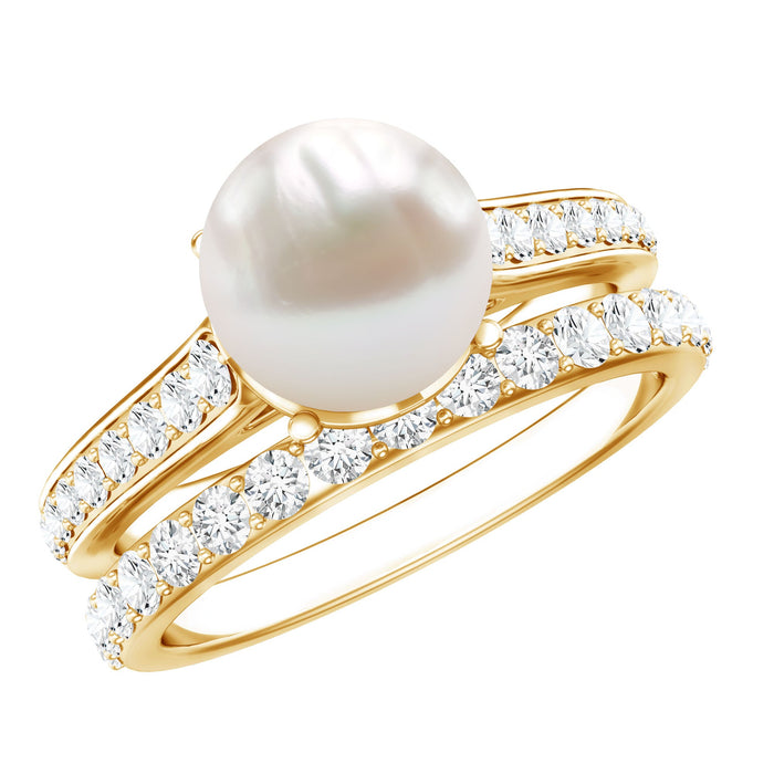 Natural white pearl wedding bridal ring set with moissanite from Rosec Jewels, featuring elegant rings with pearl and gemstone accents.