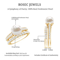 Natural white pearl and moissanite wedding bridal ring set from Rosec Jewels, featuring elegant rings with intricate detailing.