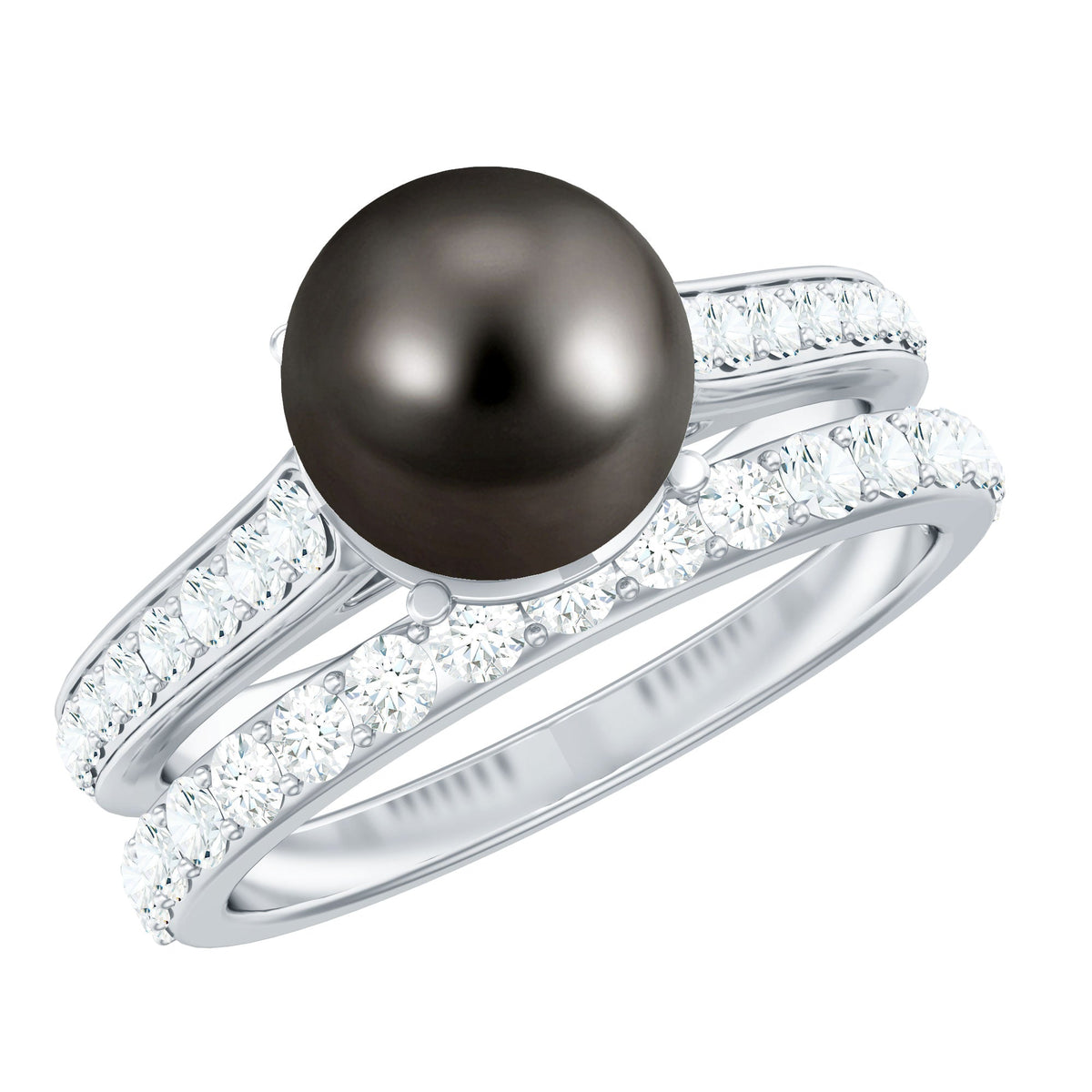 Elegant wedding ring set featuring a 9.75 CT Tahitian pearl and moissanite stones, crafted by Rosec Jewels.