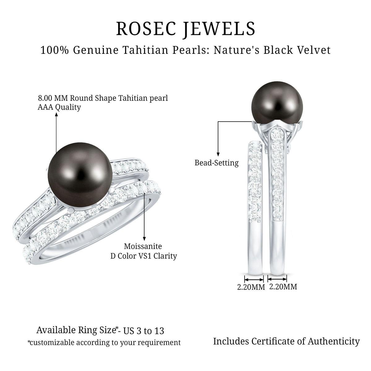 Elegant wedding ring set by Rosec Jewels featuring a 9.75 CT Tahitian pearl and moissanite, showcasing intricate design and sparkle.