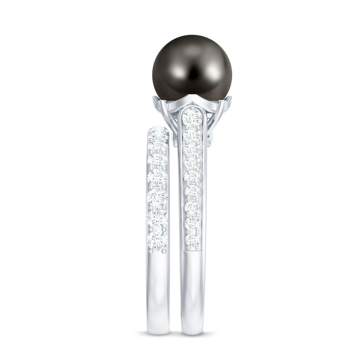 Elegant wedding ring set featuring a 9.75 CT Tahitian pearl and moissanite stones, crafted by Rosec Jewels.