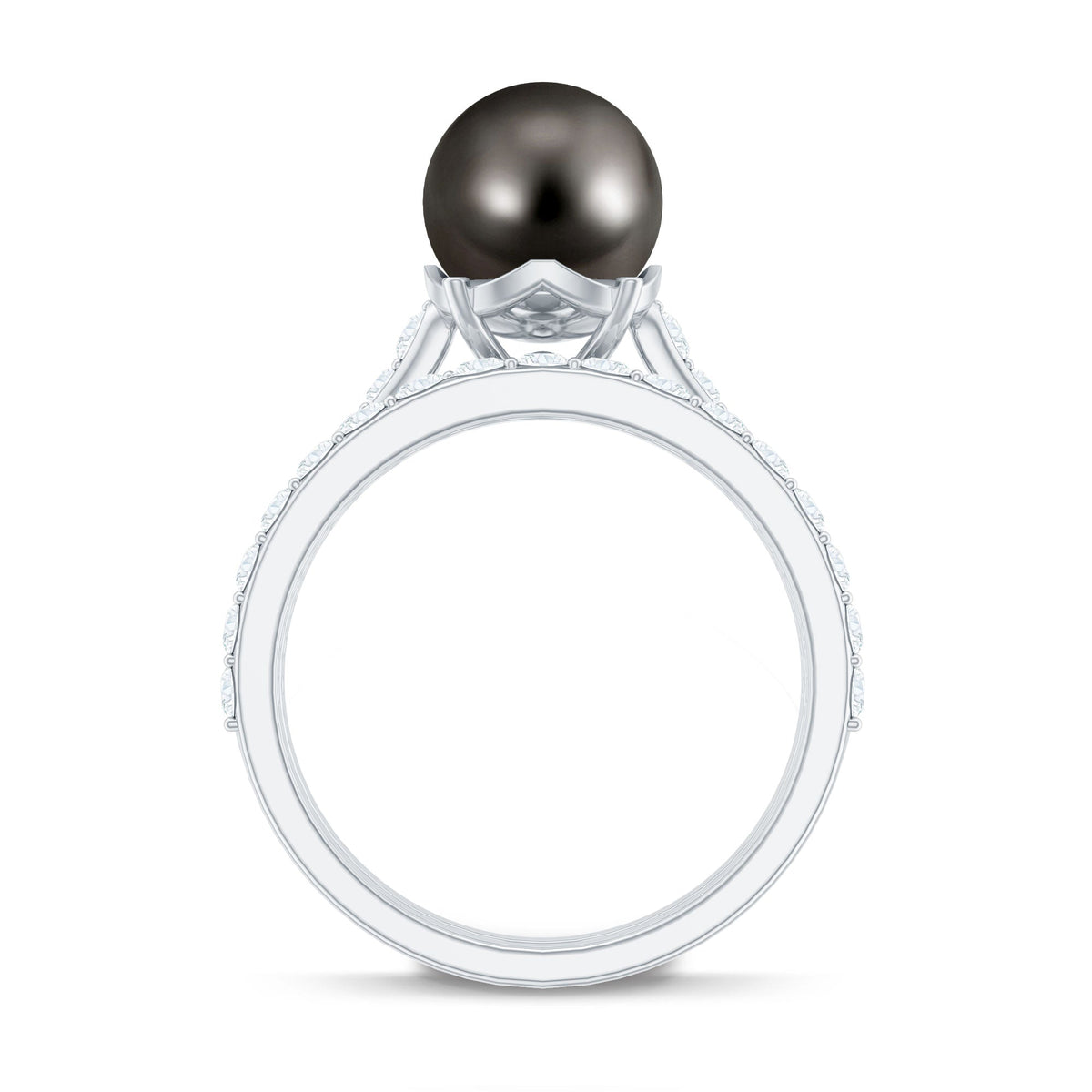 Elegant wedding ring set featuring a Tahitian pearl and moissanite stones, crafted by Rosec Jewels.