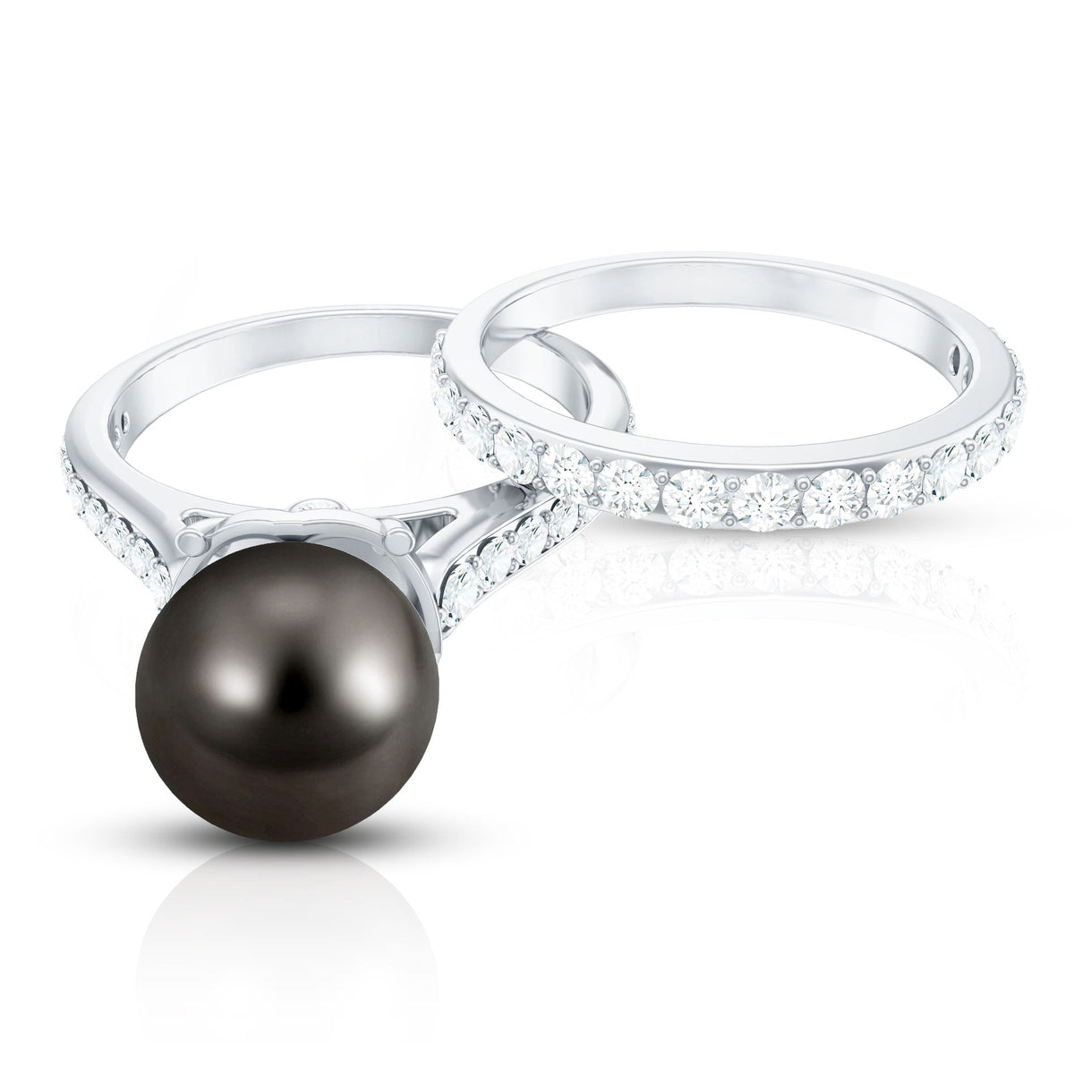 Elegant wedding ring set by Rosec Jewels featuring a 9.75 CT Tahitian pearl and sparkling moissanite stones.