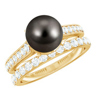 Elegant wedding ring set featuring a 9.75 CT Tahitian pearl and moissanite stones, crafted by Rosec Jewels.