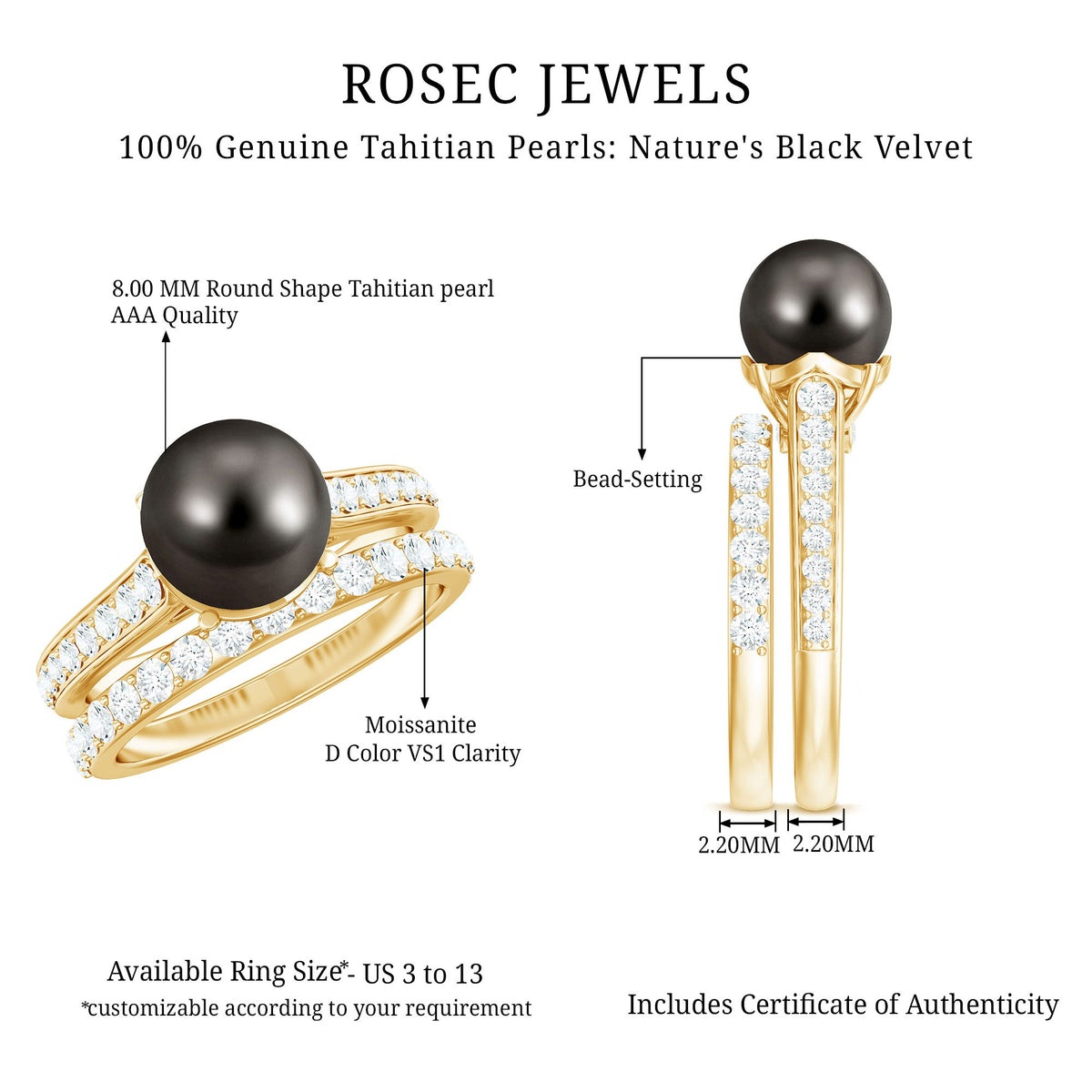 Elegant wedding ring set featuring a Tahitian pearl and moissanite stones, crafted by Rosec Jewels.