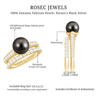 Elegant wedding ring set featuring a Tahitian pearl and moissanite stones, crafted by Rosec Jewels.