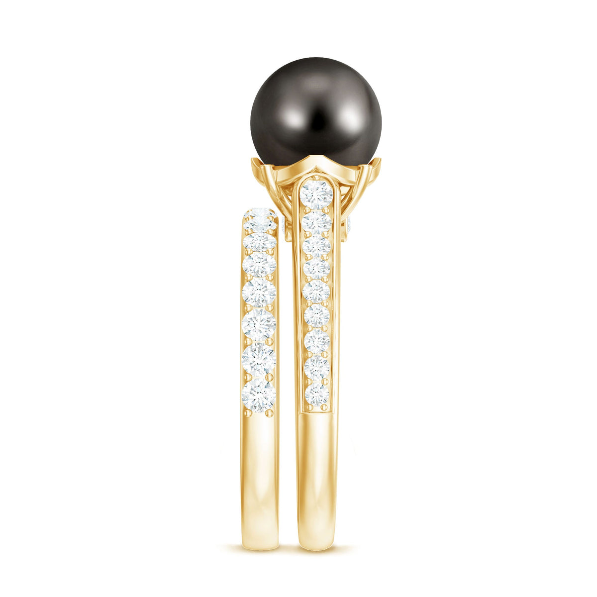 Elegant wedding ring set with 9.75 CT Tahitian pearl and moissanite, featuring intricate gold band designs from Rosec Jewels.