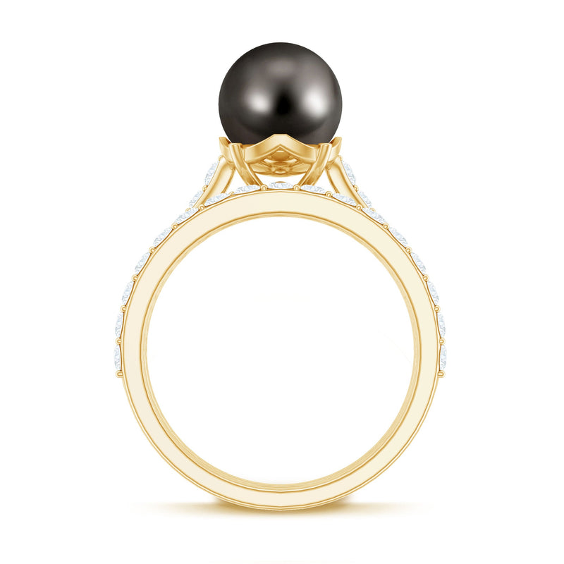 Elegant wedding ring set featuring a 9.75 CT Tahitian pearl and moissanite stones, crafted by Rosec Jewels.