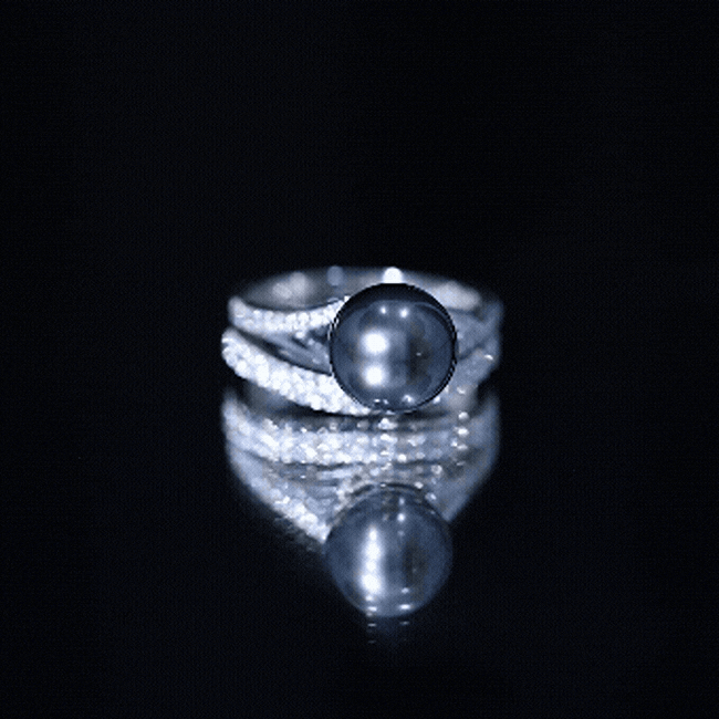 Designer Tahitian black pearl wedding ring set with moissanite from Rosec Jewels, featuring elegant rings with black pearls and sparkling stones.