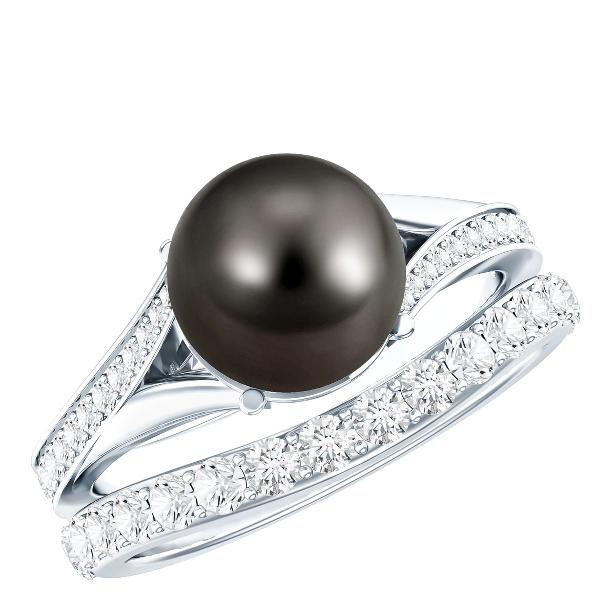 Tahitian black pearl wedding ring set with moissanite by Rosec Jewels, featuring elegant black pearls and sparkling gemstones.