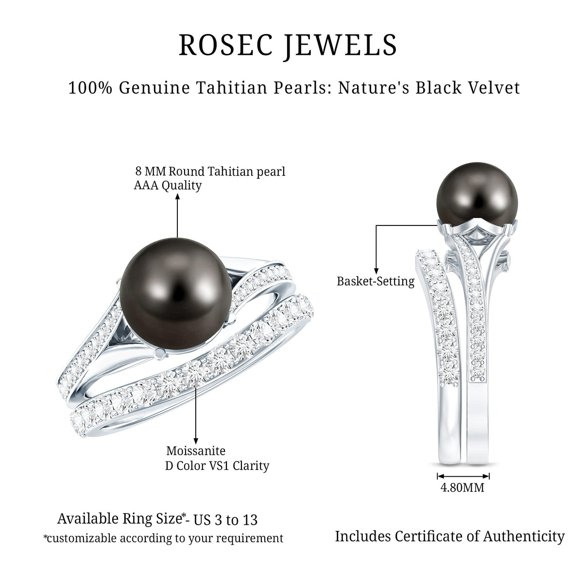 Tahitian black pearl wedding ring set with moissanite by Rosec Jewels, featuring two elegant rings with dark pearls and sparkling stones