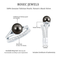 Tahitian black pearl wedding ring set with moissanite by Rosec Jewels, featuring two elegant rings with dark pearls and sparkling stones