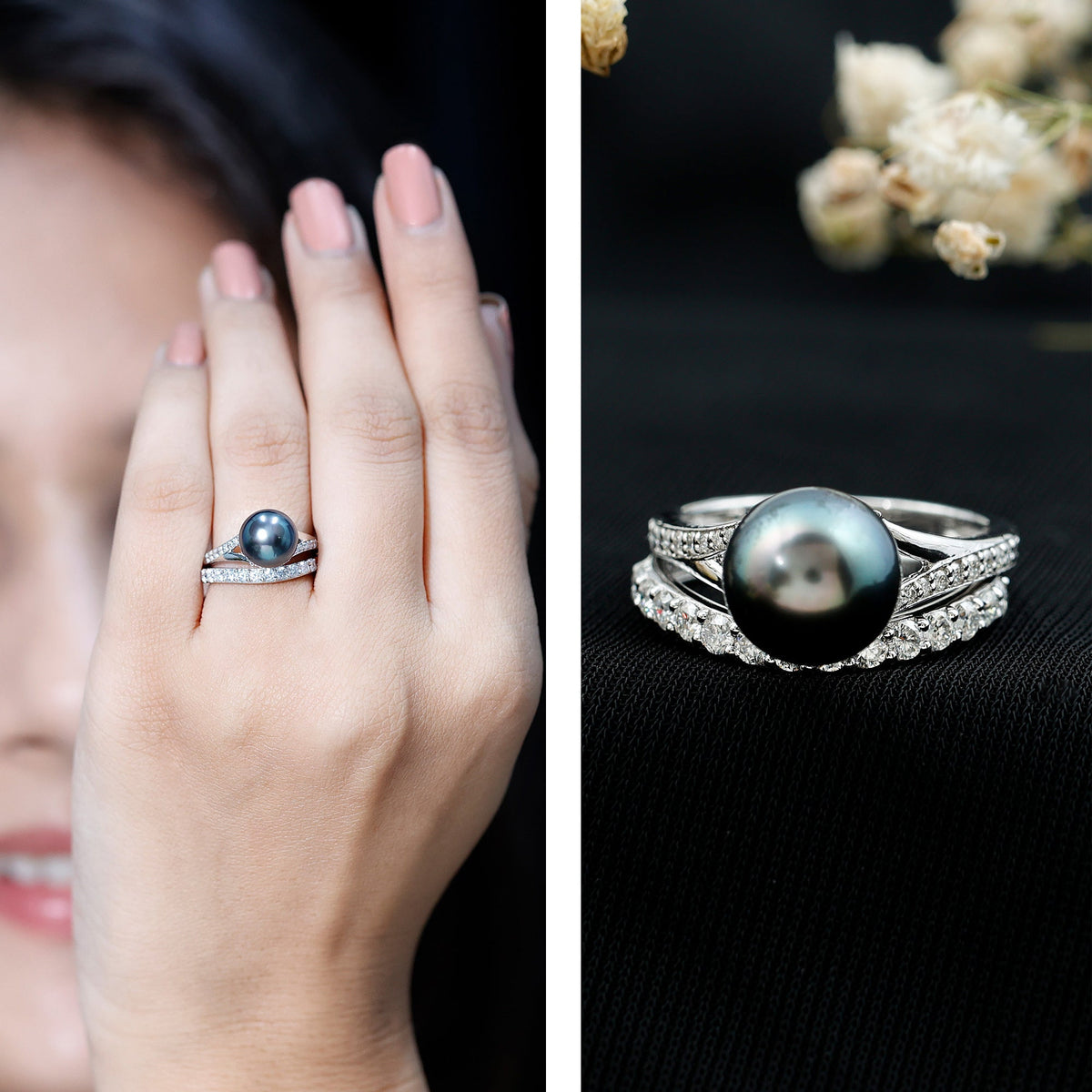 Designer Tahitian Black Pearl wedding ring set with Moissanite by Rosec Jewels featuring elegant rings with black pearls and sparkling gemstones.
