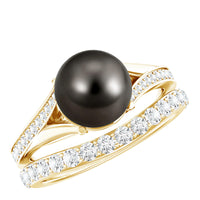 Designer Tahitian black pearl wedding ring set with moissanite from Rosec Jewels, featuring elegant rings with dark pearls and sparkling stones.