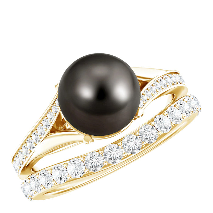 Designer Tahitian black pearl wedding ring set with moissanite from Rosec Jewels, featuring elegant rings with dark pearls and sparkling stones.