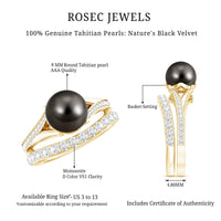 Tahitian black pearl wedding ring set with moissanite from Rosec Jewels, featuring elegant rings with dark pearls and sparkling gemstones.