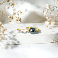 Elegant designer Tahitian black pearl wedding ring set with moissanite from Rosec Jewels, showcasing intricate ring designs.