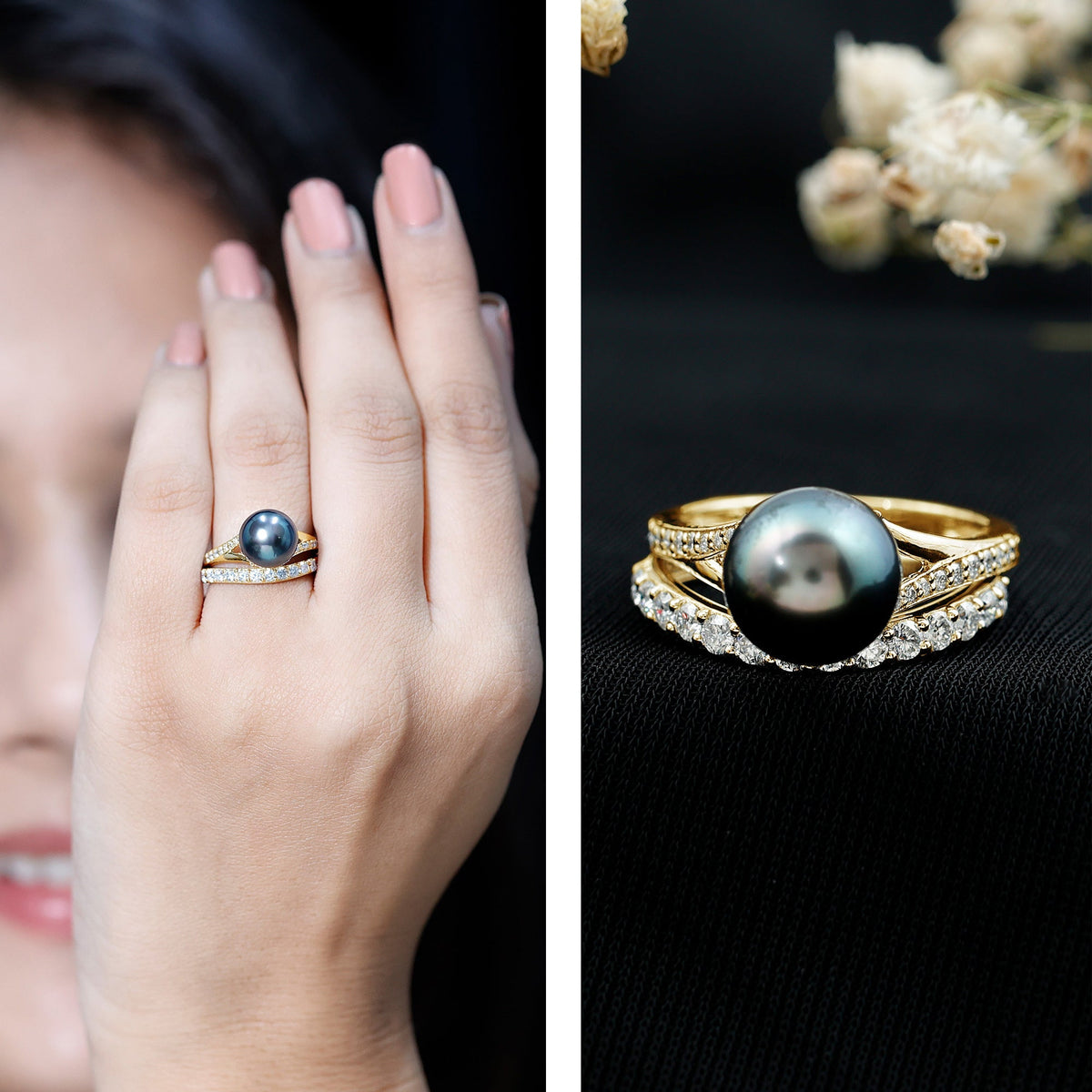 Tahitian black pearl and moissanite wedding ring set by Rosec Jewels, featuring elegant rings with black pearl and sparkling stones.