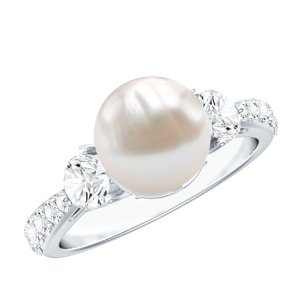 Rosec Jewels cultured 7.4 carat freshwater pearl engagement ring with sparkling moissanite, featuring a sleek band and elegant design.