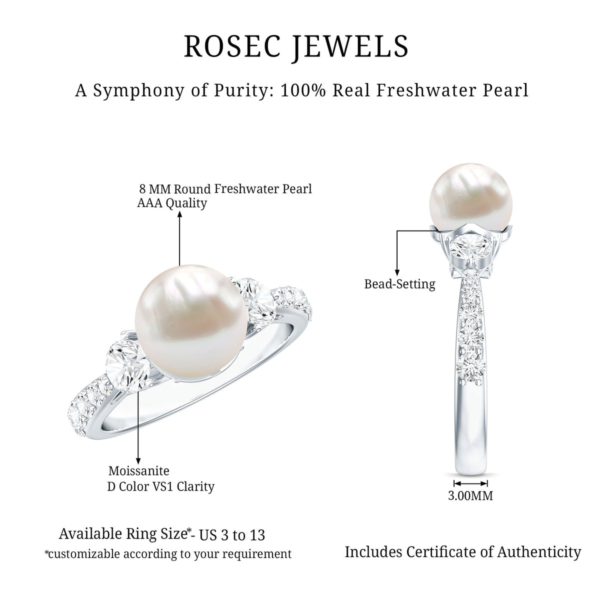 Cultured 7.4 carat freshwater pearl engagement ring with moissanite from Rosec Jewels, showcasing a elegant ring design.