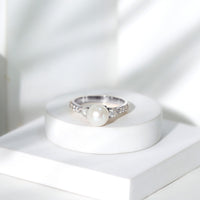 Rosec Jewels cultured 7.4 carat freshwater pearl engagement ring with sparkling moissanite, elegant and sophisticated jewelry piece