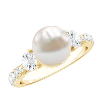 Cultured 7.4 carat freshwater pearl engagement ring with moissanite accents by Rosec Jewels, showcasing the elegant ring design.