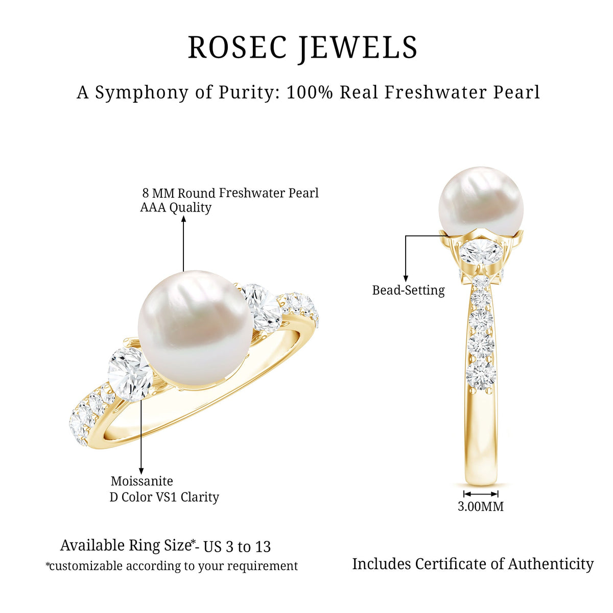 Rosec Jewels cultured 7.4 carat freshwater pearl engagement ring with sparkling moissanite, showcasing a elegant ring design.