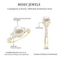 Rosec Jewels cultured 7.4 carat freshwater pearl engagement ring with sparkling moissanite, showcasing a elegant ring design.